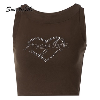 Sweeticme  เสื้อกล้ามสําหรับสตรีแขนกุดคอกลมสีพื้นพิมพ์ลาย Love Hot Rhinestone