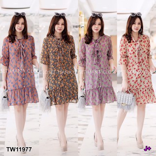 AT11977  Dress #สาวอวบ เดรสระบายแต่งโบว์ผูกคอ ลายดอกไม้