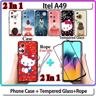 เคส Itel A49 2 IN 1 พร้อมกระจกนิรภัยกันรอยหน้าจอ สําหรับเด็กผู้หญิง และคิตตี้