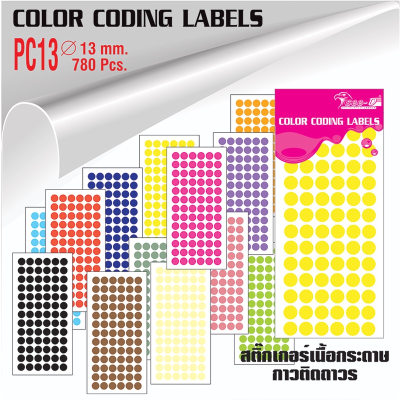 สติ๊กเกอร์วงกลม 13 มม. สติ๊กเกอร์ Color Coding Label - PC13  บรรจุ 10 แผ่น ( 780 ดวง/ ห่อ)