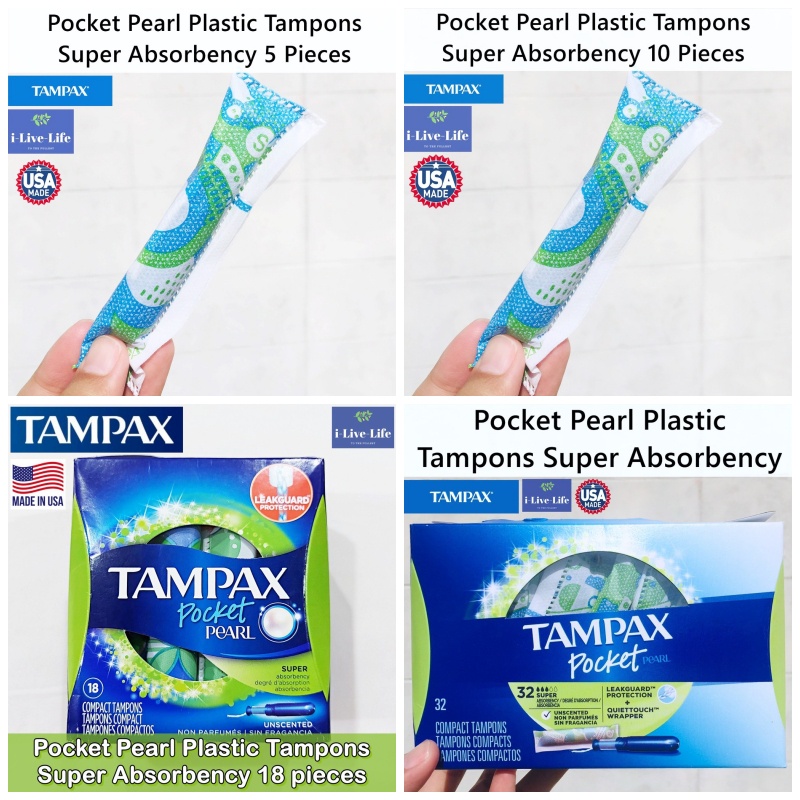 Tampax - Pocket Pearl Super Plastic Tampons 5, 10, 18, 32 Count ผ้าอนามัยแบบสอด ขนาดเล็ก เหมาะกับวันมามาก Compact Size