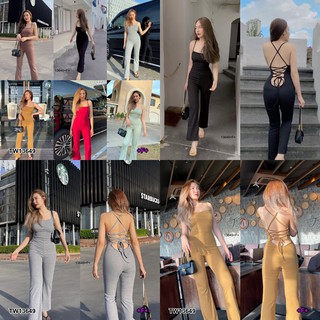 KT13649 Jumpsuit จั้มสุทสายเดี่ยวไขว้หลังขายาว สีพื้น