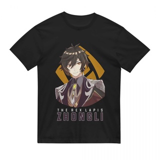 เสื้อยืดแขนสั้น คอกลม ผ้าฝ้าย พิมพ์ลาย Genshin Impact Zhongli Game สําหรับผู้ชาย