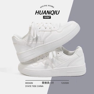 Huanqiu👟 รองเท้าผ้าใบสีขาว รองเท้าผ้าใบเกาหลี รองเท้าผ้าใบเสริมส้น สไตล์เกาหลี