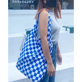 กระเป๋าลายตาหมากรุก ลายตาราง สีฟ้าน้ำทะเล checkered #พร้อมส่ง ᴛᴏᴛᴇ ʙᴀɢ มีซับใน ใบใหญ่