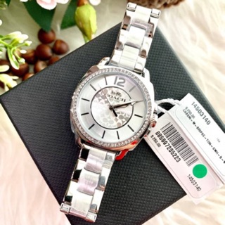 (ผ่อน0%) นาฬิกา สเตนเลส สีเงิน หน้าปัด ล้อมคริสตัล Coach Womens Quartz Watch 14503140