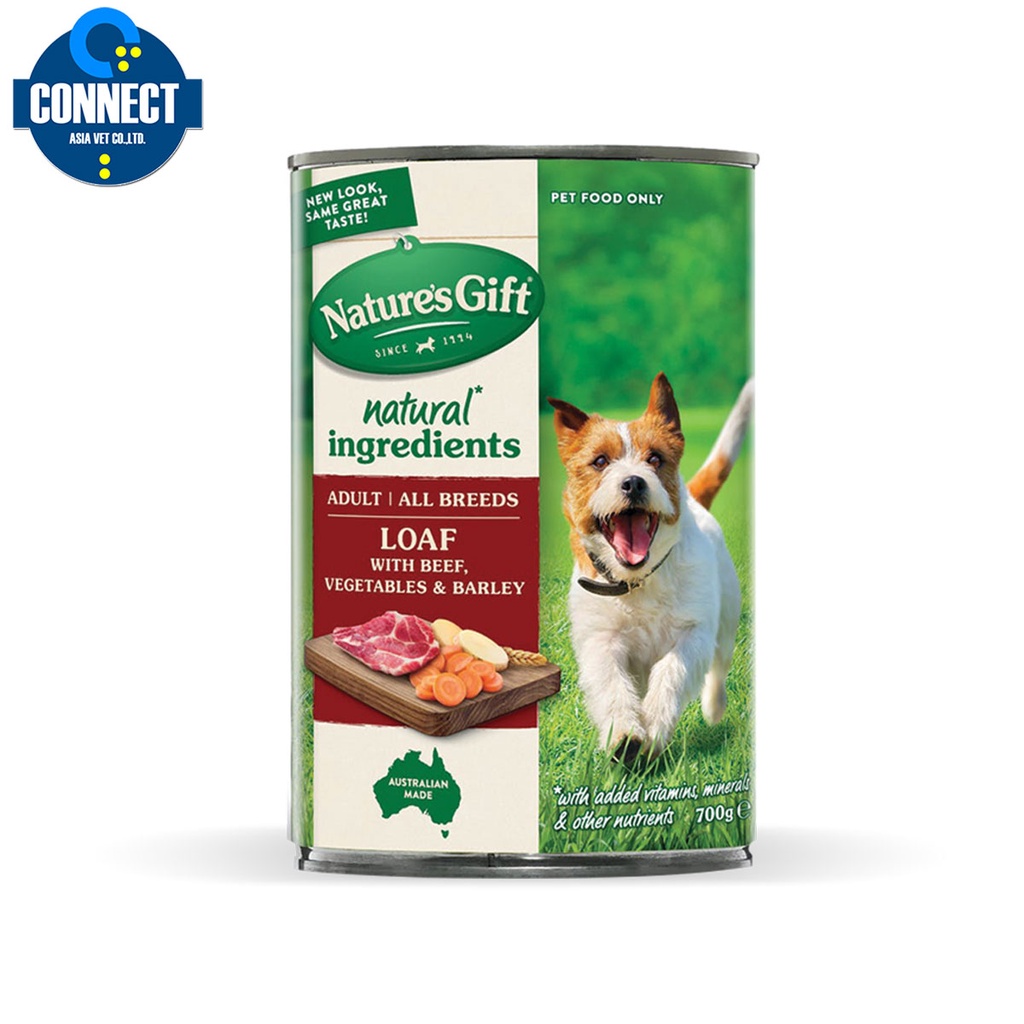 Nature's Gift  เนเจอร์ส กิ๊ฟ - อาหารกระป๋องสำหรับสุนัขสูตรเนื้อวัว ข้าวบาร์เลย์และผัก 700 กรัม.