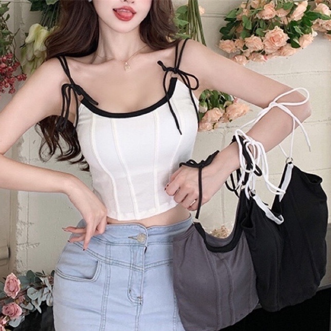 F-3150 เสื้อครอปทรงคอร์เซ็ท ผ้าร่อง สไตล์ฝรั่ง สายเดี่ยวcorset ส่งไวจากไทย