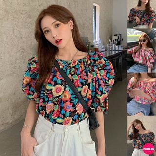 🎀Korean Fashion🎀เสื้อแขนสั้นจั๊มลายดอกไม้ 2 สี อกสม็อคชายปล่อย