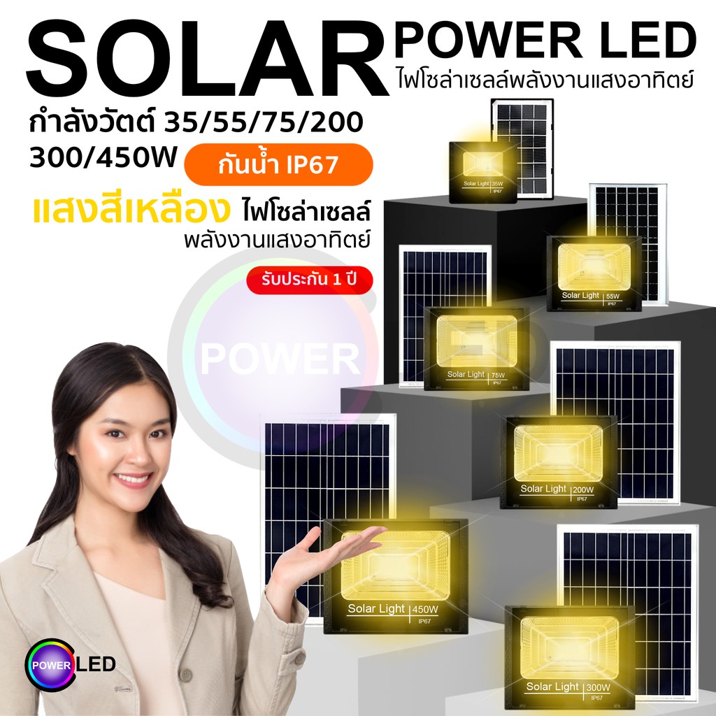 JD ไฟโซล่าเซล Solar Light LED แสงสีเหลือง เเสงขาว โซล่าเซลล์ สปอตไลท์ 55w 75w 150w 200w 300w กันน้ำ รับประกัน 1 ปี