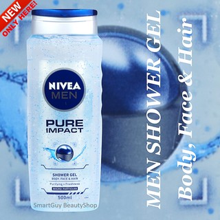 Nivea Men Pure Impact Shower Gel - Hair, Face &amp; Body Wash, 500ml ผลิตภัณฑ์ทำความสะอาดเส้นผม ผิวหน้า ผิวกาย สูตรพิเศษจากน