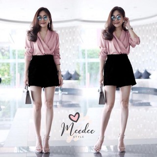 G7157  Set เสื้อแขนยาวคอวีไขว้+กางเกงเอวสูงขาสั้น