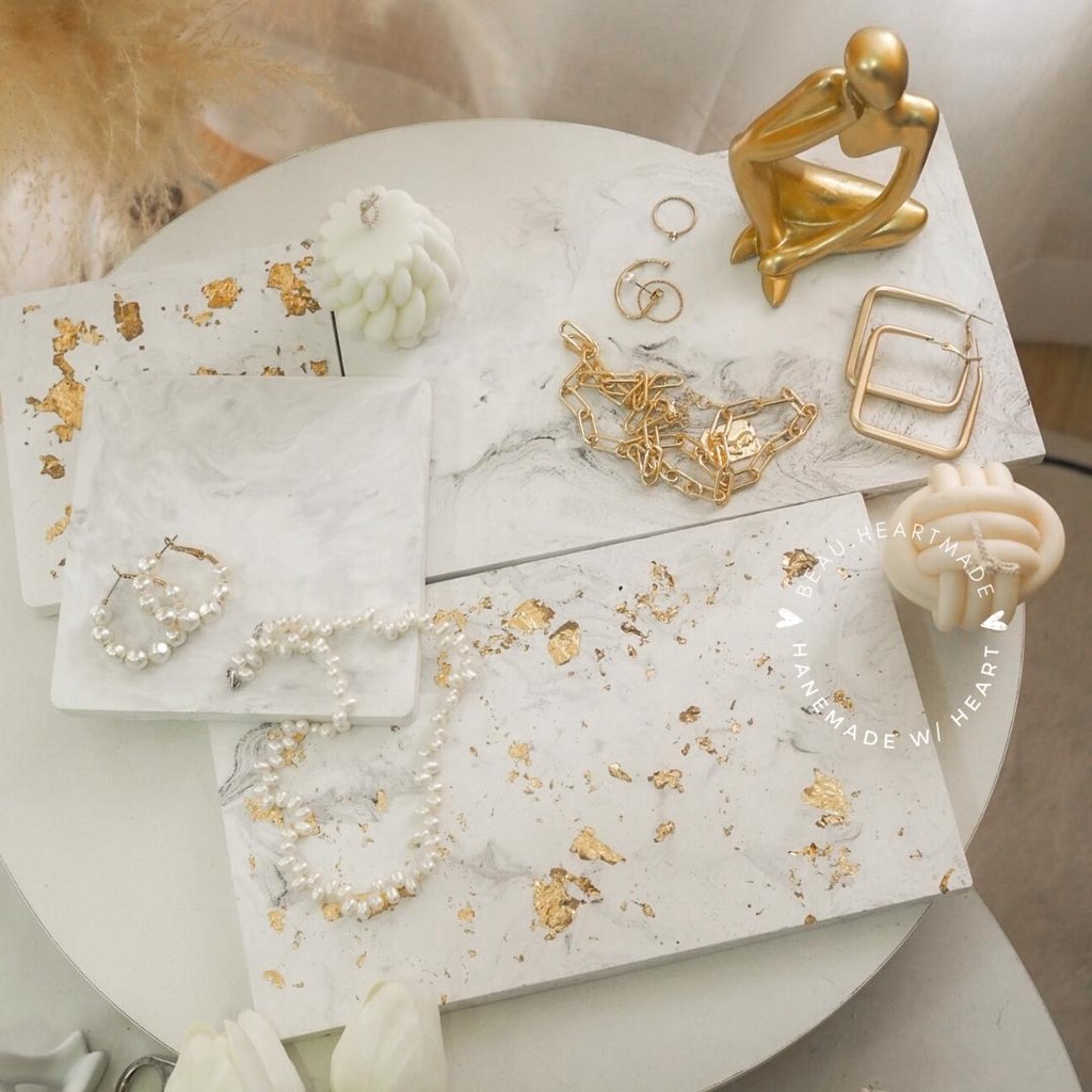 ถาดปูน จานปูน เรียบแบน(ไม่มีขอบ) ลายหินอ่อน (ใส่ทอง/ไม่ทอง) ถาดวางของ จานรองตกแต่งบ้าน จานรองเครื่องประดับ ของตกแต่งบ้าน - รูปที่ 7