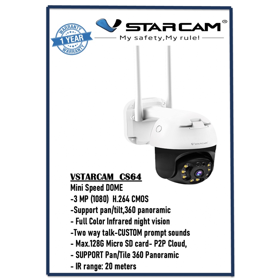 กล้องวงจรปิดราคาถูก VSTARCAM CS64 3MP ภาพสี 24ชั่วโมง หมุนได้360องศา ติดตั้งได้ทุกพื้นที่กันน้ำ ของแท้ศูย์ไทย ประกัน 1ปี