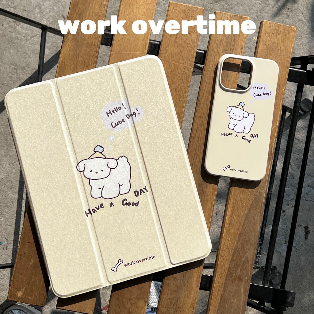 พร้อมส่ง เคสไอแพด gen9 Air6 ลูกสุนัข workovertime ที่ใส่ปากกา ครีม case iPad pro11 2024 MINI7 Gen10