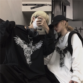 Diablo hip-hop angel พิมพ์เสื้อยืดแขนยาวหลวมสำหรับชายและหญิง