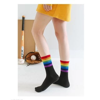 ถุงเท้าแฟชั่น 🌈ลายสายรุ้ง 🌈ฟรีไซส ถุงเท้าข้อกลาง ลายทางสีสันสด Rainbow socks NO.17