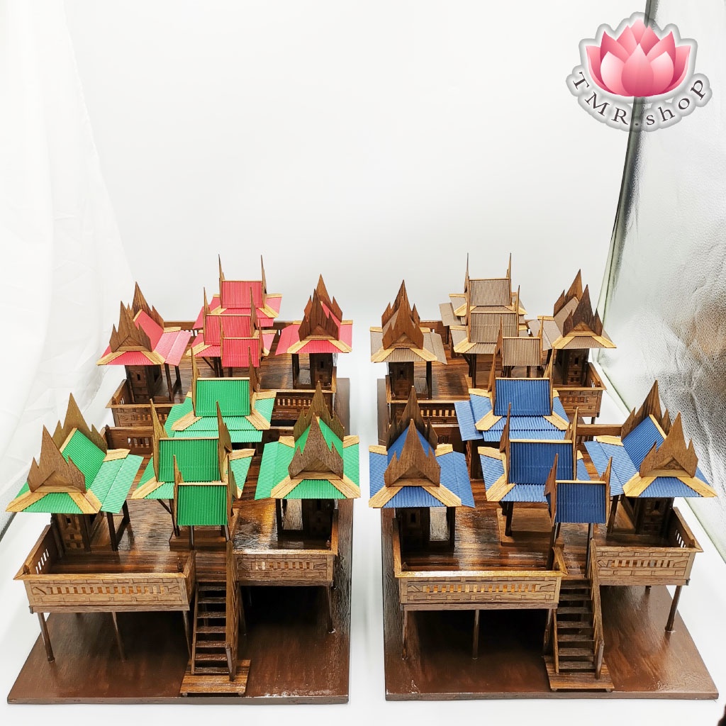 บ้านทรงไทยจำลอง บ้านทรงไทยอยุธยา 4เรือนยกสูง 5หลังคา ขนาดฐาน30 x 30ซม.