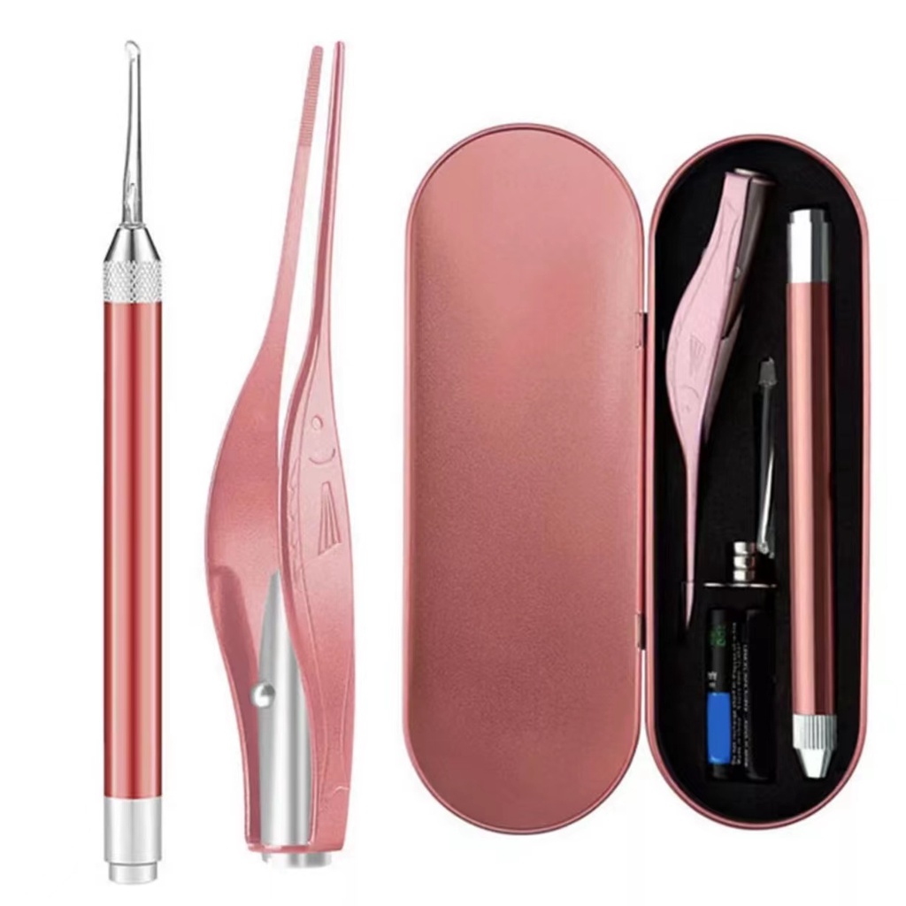 ไฟ LED หูหยิบชุด เครื่องมือแหนบหูชุดอุปกรณ์แคะหูพร้อมกล่องเก็บโลหะ Ear Care L16