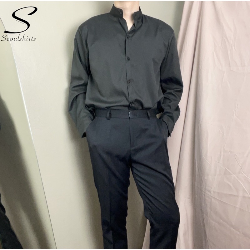 [ส่งทันที กทม.1 วัน] S6: เสื้อเชิ้ตคอจีนแขนยาว สีพื้น พร้อมส่ง ไซซ์ M L XL XXL ผ้านิ่มใส่สบายไม่ร้อน รูปที่ 4