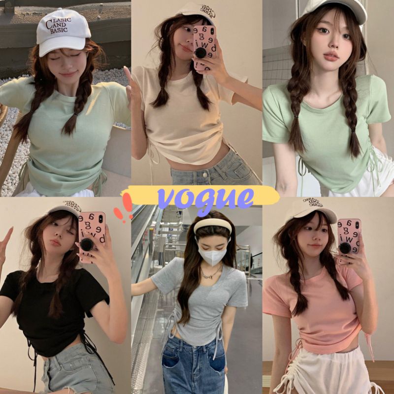 Vogue🌟พร้อมส่ง🌟  เสื้อไหมพรมแขนสั้น คอกลม ดีเทล ลายรูดปรับสั้นยาวได้2ข้าง (6A302)