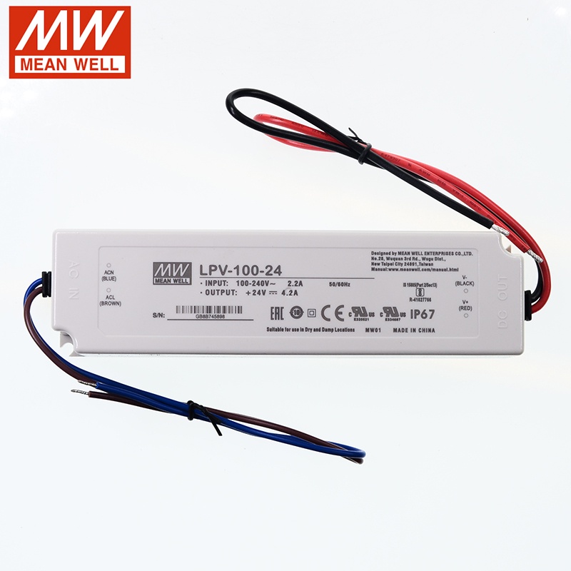 LPV-100-24 ไดร์เวอร์ LED MEAN WELL 110220VAC ถึง 24V DC 4.2A 100W กันน้ํา IP67 แรงดันไฟฟ้าคงที่ LED 
