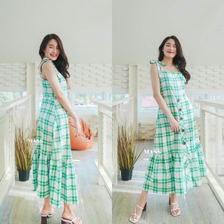 MASS Fashion : เดรสยาวลายสก็อตเขียว Dress - Green Scott Dress**ขายดี**