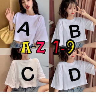 เสื้อครอป เสื้อยืดครอป โอเวอร์ไซส์ crop top oversize สกรีน​ ชื่ิอ​ อักษร​ ตัวเลข A-Z 1-10 ไหล่ตก คอตตอน  C