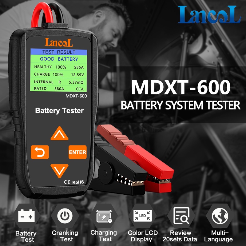 Lancol MDXT600 12V เครื่องทดสอบแบตเตอรี่รถยนต์ TFT หน้าจอ LCD 40-2000 CCA ยานยนต์เครื่องทดสอบไดชาร์จ