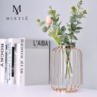 แจกัน เบแร็กนา Test Tube Vase Planter, Light-lantern Shaped Metal Rack Stand Glass Vases Crystal Clear Flower Vase Decor