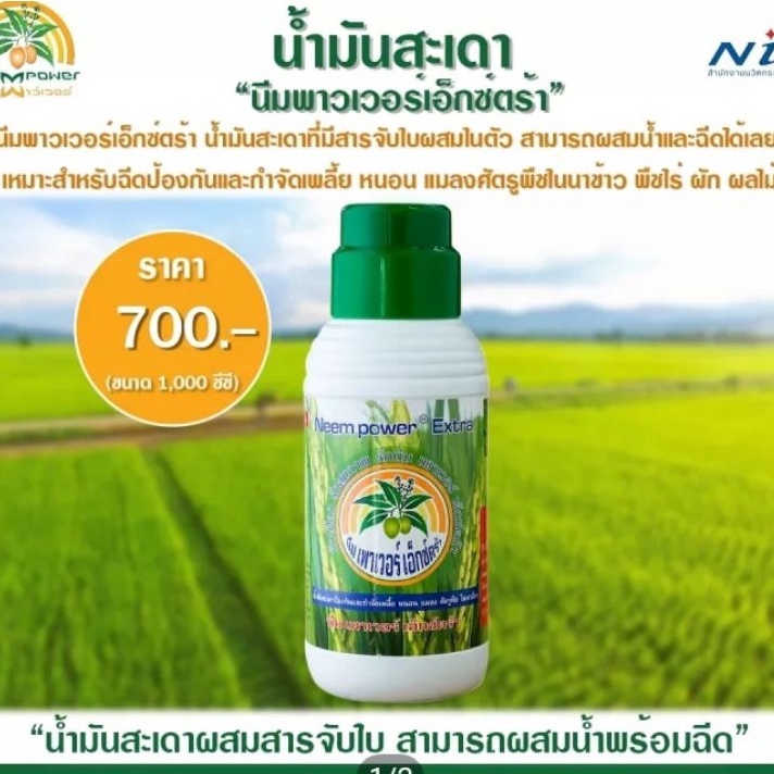 น้ำมันสะเดาออแกนิค “นีมพาวเวอร์เอ็กซ์ตร้า” น้ำมันสะเดาผสมสารจับใบ สามารถผสมน้ำพร้อมฉีดได้เลย มีมาตรฐาน IFOAM รองรับ