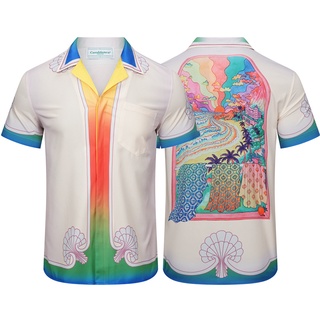 Casablan* เสื้อเชิ้ตแขนสั้นลําลอง ผ้าแคนวาส พิมพ์ลาย แฟชั่นสตรีท สะดุดตา สีตัดกัน