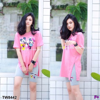 TW8442   Set 2ชิ้น เสื้อแขนสั้นสกรีนลายการ์ตูนดัง ผ่าข้าง พร้อมกับ กางเกงขาสั้นแลคกิ้งบอดี้ฟิตผ้ายืด งาน Set สาวสปอร์ต