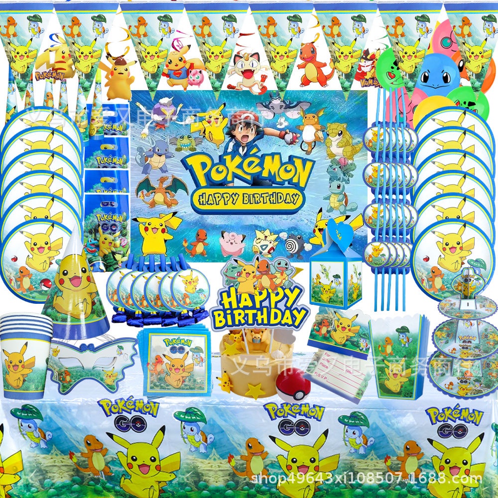 Pokemon Theme Party ตกแต่ง Pikachu ดึงธง Cupcake Topper แผ่นกระดาษถ้วยอุปกรณ์งานเลี้ยงวันเกิด