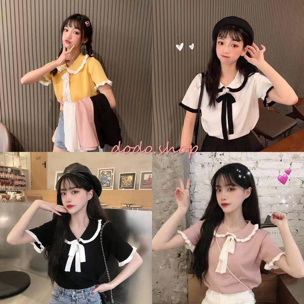 DODO พร้อมส่ง เสื้อไหมพรม แต่งขอบระบาย ผูกโบว์หน้า น่ารักสไตล์คุณหนู(5108)