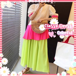 Classy Dress เดรสลายพื้น 3สี แต่งกระโปรงชั้นๆ ผ้าชีฟอง โทนสีชมพู เดรสกระโปรง เดรสแขนตุ๊กตา เดรสคอกลม งานป้าย