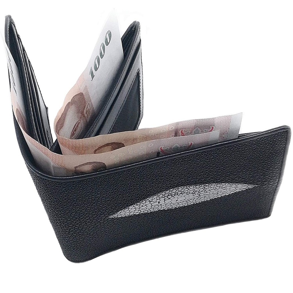กระเป๋าสตางค์หนังปลากระเบนแท้ สองพับ Unisex Genuine Stingray Bifold wall size 4.0 x 4.5 inches