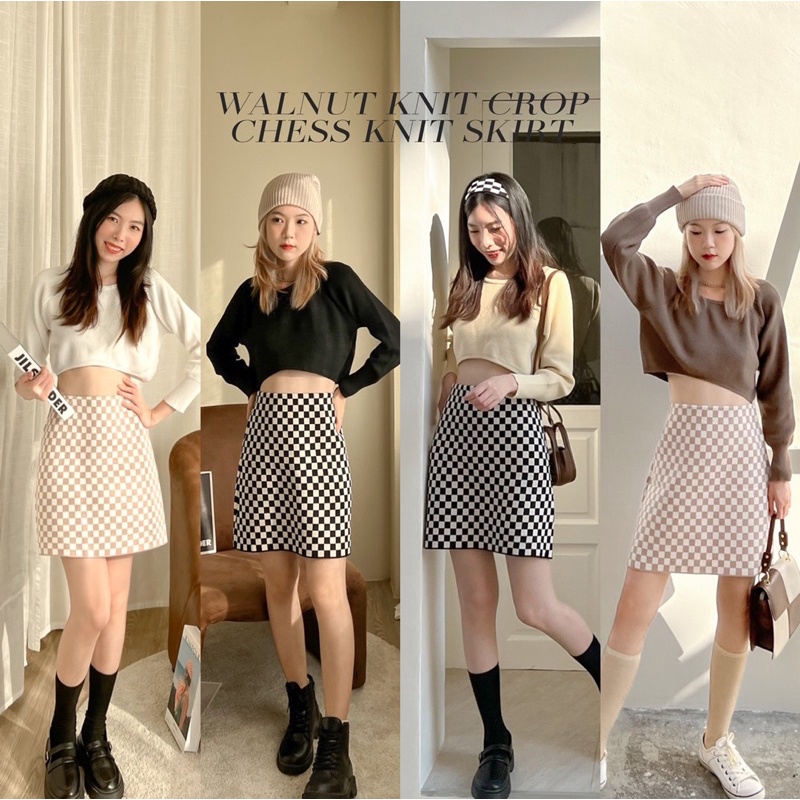 WALNUT KNIT CROP AND CHESS KNIT SKIRT :- ) 🏁 (แยกชิ้น) เสื้อครอปไหมพรมแขนยาวเว้าหน้า และกระโปรงไหมพร