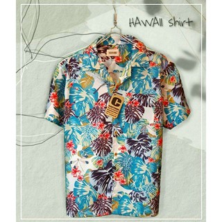 ⛱🐋 Hawaii Shirt เสื้อฮาวาย แนว THE TOYS ลายใบเฟิร์นแมลงปอ สีขาวฟ้า ⛱🐋 มีถึง อก 48"