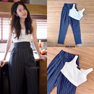 Set เสื้อครอปสีขาว+กางเกงขายาวลายทาง