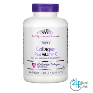 &lt;พร้อมส่ง&gt; 21st Century , Super Collagen Plus Vitamin C ,  1,000 mg, 180 เม็ด - คอลลาเจน ผสมวิตามินซี บำรุงผิว ผม เล็บ