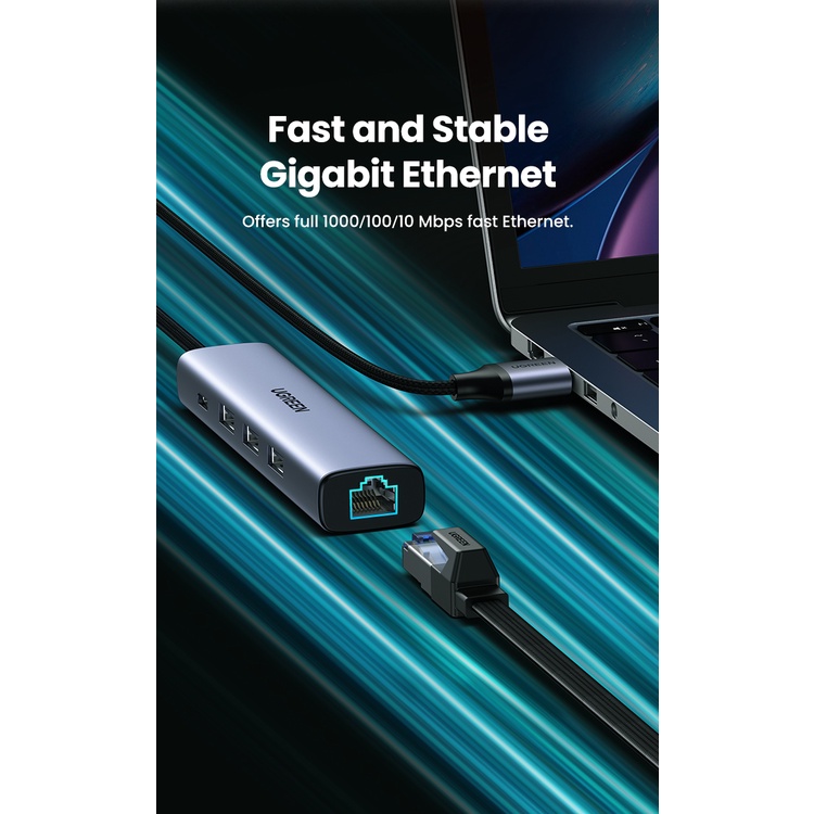 UGREEN Hub 5 in 1 USB3.0 to USB3.0x3 Gigabit LANx1 With PD รุ่น 60554