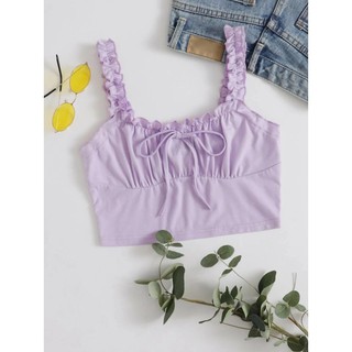 ❌พร้อมส่ง❌Frilled Strap Tie Front Ruched Bust Crop Top