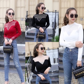 พร้อมส่ง เสื้อยืดแขนยาวแต่งซีทรู