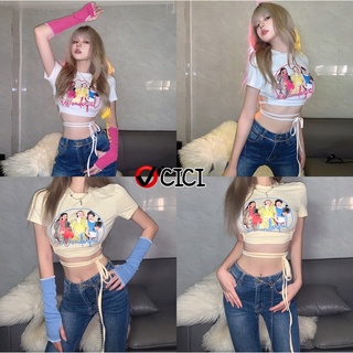 Cici(NO.J130)MiniCrop🧸 เสื้อยืดครอปดีเทลสายคล้องเอว น่ารักปนเซกซี่เบาๆ