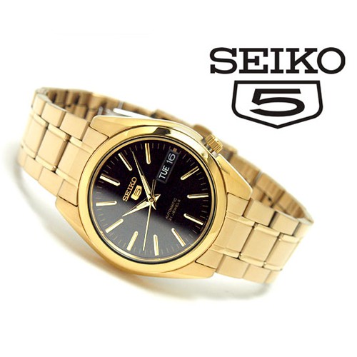 Seiko 5 Sports Automatic นาฬิกาสำหรับผู้ชาย สายสแตนเลส สีทอง/หน้าปัดดำ รุ่น SNKL50K1