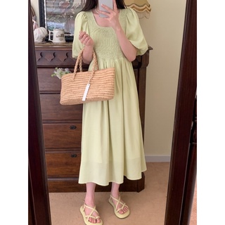 chuuchop_พร้อมส่ง(C7805)✨👛🏖Juno spring dress ชุดเดรสยาวแต่งแขนตุ๊กตา มี2สี