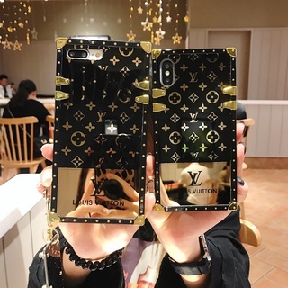 แฟชั่น หรู LV เคส OPPO A72 A8 A31 F7 F9 A7X A52 A92 A92S F11 R17 F17 Pro A73 A93 Luxury Trendy Brand  Mirror Metal Wrist Chain Square Phone case