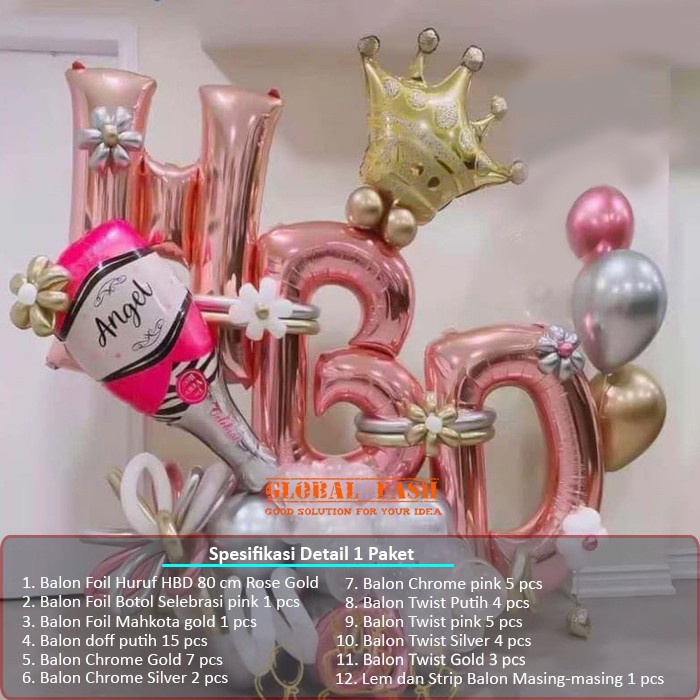 ชุดตกแต่งลูกโป่ง HBD พร้อมขวดสีชมพู / แพ็คเกจตกแต่งลูกโป่งวันเกิด HBD