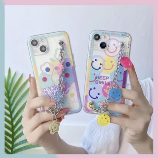 เคสโทรศัพท์มือถือแบบนิ่ม TPU ใส ลายดอกไม้หน้ายิ้ม พร้อมสายโซ่คล้อง สําหรับ Samsung Galaxy S21 S20 FE Note 20 Ultra S20 S21 S20 Plus